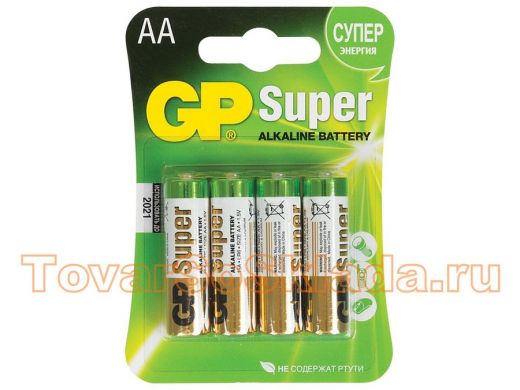 Батарейка LR6  GP Super, AA (LR06, 15 А), алкалиновые, комплект 4 шт., в блистере, цена за 1шт