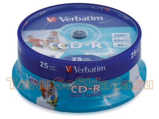Диски CD-R VERBATIM 700 MB 52x Printable, КОМПЛЕКТ 25 шт., Cake Box, с поверхностью для печати
