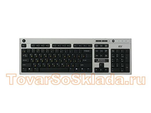 Клавиатура проводная BTC-5137SB PS/2 серебр-черн,плоская, м-мед ,4доп.кл.