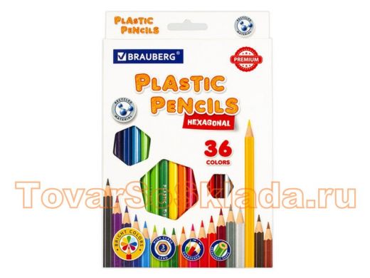 Карандаши цветные пластиковые BRAUBERG PREMIUM, 36 цветов, шестигранные, грифель мягкий 3 мм