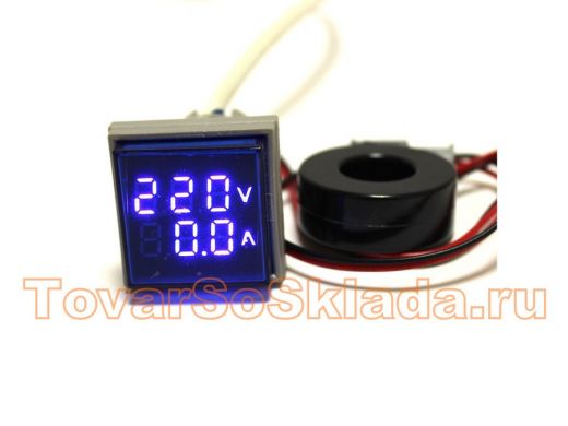 Вольтамперметр цифровой LED AC/50Hz (20-500VAC, 0-100A датчик тока) DMS-204 синий (дисплей 30х30, ко