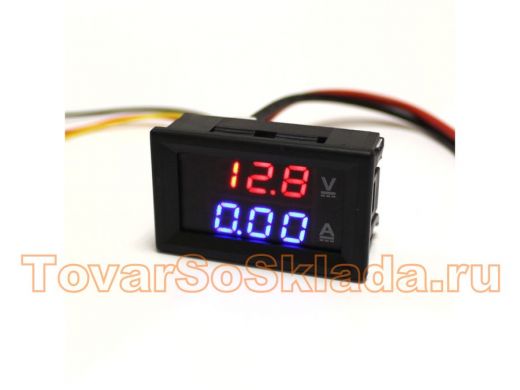 Вольтамперметр цифровой LED DC+ (0-99DV, 0-10A), цифры красно-синие (47х28х16мм)
