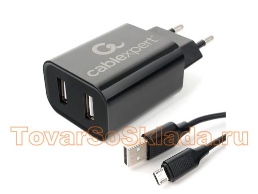 Зарядное устройство micro USB  Cablexpert MP3A-PC-35 USB 2 порта, 2.4A, черный + кабель 1м micro