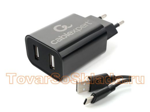 Зарядное устройство TYPE-C  Cablexpert MP3A-PC-37 USB 2 порта, 2.4A, черный + кабель 1м Type-C