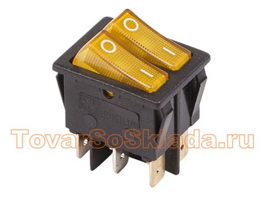 Выключатель клавишный 250V 15А (6с) ON-OFF желтый  с подсветкой  ДВОЙНОЙ  REXANT