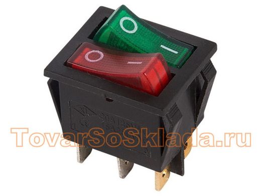 Выключатель клавишный 250V 15А (6с) ON-OFF красный/зеленый  с подсветкой  ДВОЙНОЙ  REXANT