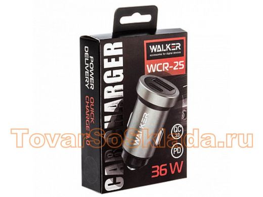 АЗУ блок,  Walker WCR-25, USB/USB-C, 3A, 36W, QC3.0, PD, серое