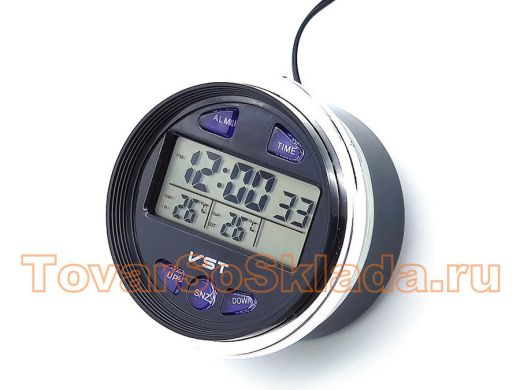 Часы VST-7042V электронные автомобильные в штатное отверстие ВАЗ (будильник,температура х2,подсв-ка)