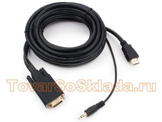 Кабель HDMI-VGA Cablexpert A-HDMI-VGA-03-5M, 19M/15M + 3.5Jack, 5м, черный, позол.разъемы, пакет A-H