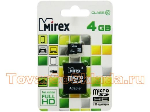 Карта памяти  micro SDHC    4GB  Mirex, class 10, с адаптером