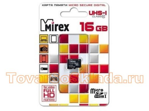 Карта памяти  micro SDHC   16GB  Mirex, сlass 10, без адаптера UHS-I