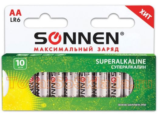 Батарейка LR6  SONNEN Super Alkaline, АА (LR06, 15А), алкалиновые, цена за 10 шт, в коробке, за 1 шт