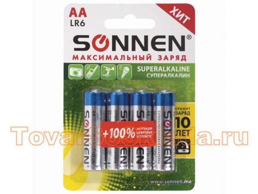Батарейка LR6  SONNEN Super Alkaline, АА (LR06, 15А), алкалиновые, цена 4 шт, в блистере