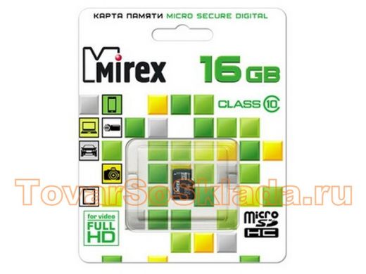 Карта памяти  micro SDHC   16GB  Mirex, сlass 10, без адаптера