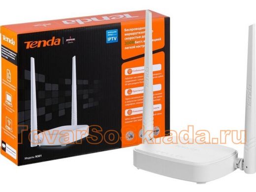 .TENDA N301 WiFi маршрутизатор, 2.4GHz,WLAN300Mbps,802.11bgn+3xLAN RG45 10/100+1xWAN,2x5dBi Antenna