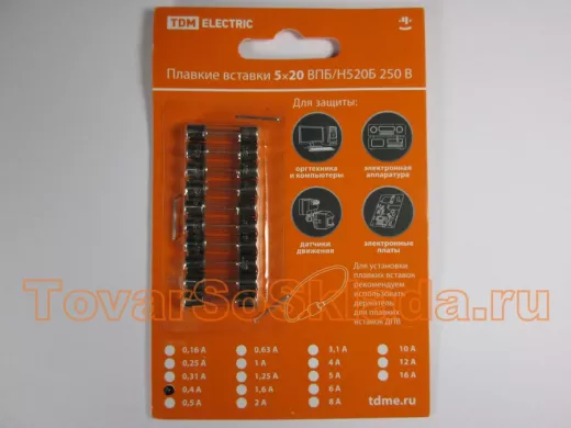 Плавкая вставка ВПТ6-4 0,4А 250В TDM упаковка (10шт.) SQ0738-0104