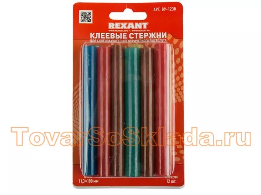 Клеевые стержни, диаметр 11,0мм, длина 100мм,  цветной  (12шт на карте)  REXANT цена за 1 упаковку