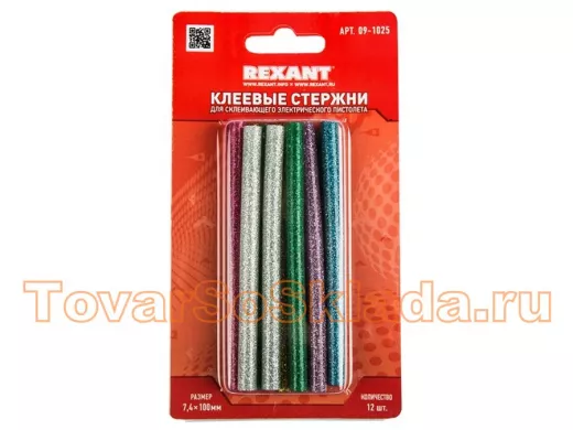 Клеевые стержни, диаметр  7,0мм, длина 100мм, Цветной с Блестка, REXANT   (12шт/уп) цена за упаковку