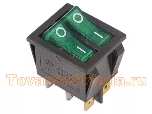 Выключатель клавишный 250V 15А (6с) ON-OFF зеленый  с подсветкой  ДВОЙНОЙ  REXANT