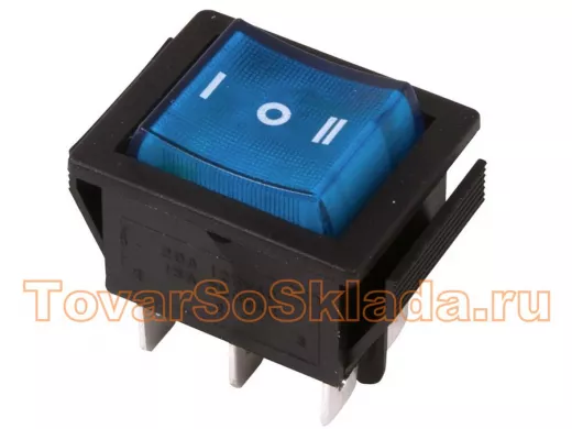 Выключатель клавишный 250V 15А (6с) ON-OFF-ON синий  с подсветкой и нейтралью  REXANT