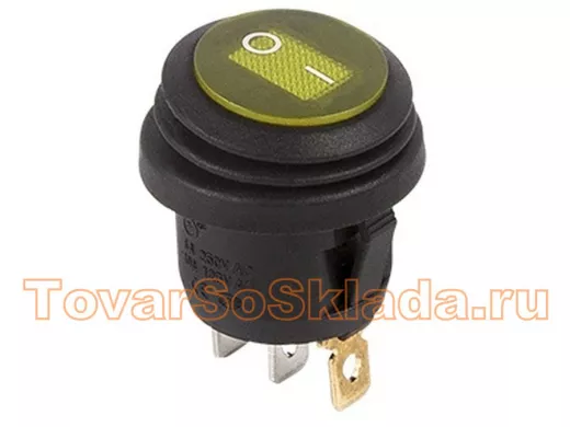 Выключатель клавишный круглый 250V 6А (3c) ON-OFF желтый  с подсветкой  ВЛАГОЗАЩИТА  REXANT