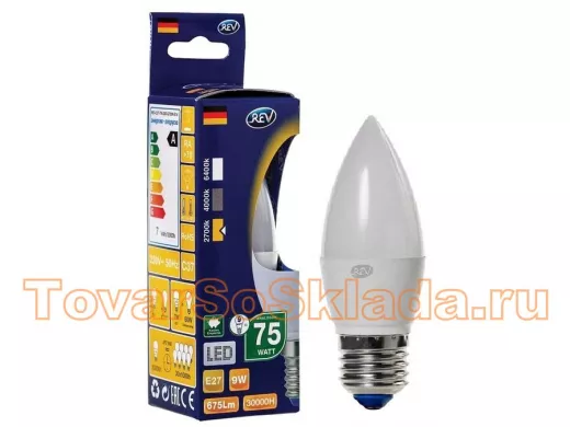 Светодиодная лампа  REV Classic C37 Е27 9W, 2700K, теплый свет, свеча