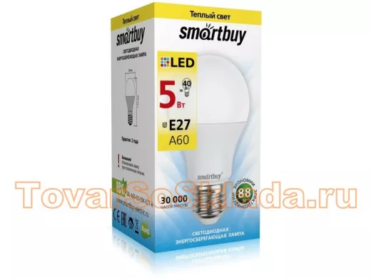 Светодиодная лампа A60 Е27  5W 3000K  Smartbuy-A60-05W/3000/E27