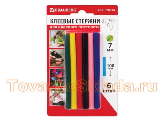 Клеевые стержни, диаметр  7,0мм, длина 100мм, цветные (ассорти), КОМПЛЕКТ 6 штук 