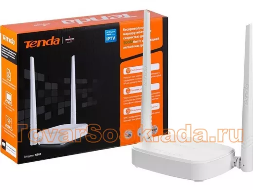 .TENDA N301 WiFi маршрутизатор, 2.4GHz,WLAN300Mbps,802.11bgn+3xLAN RG45 10/100+1xWAN,2x5dBi Antenna