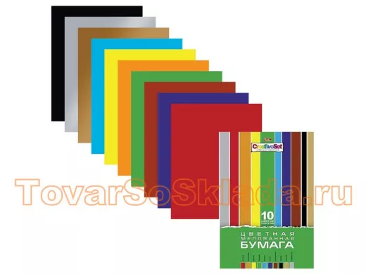 Цветная бумага А4 мелованная, 10 листов 10 цветов, в папке 