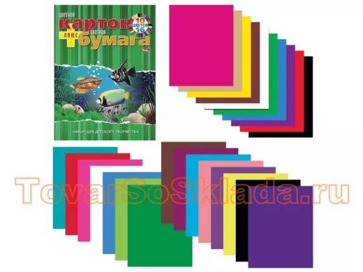 Набор цветного картона и бумаги А4 немелов, 10+16 цветов склейка 